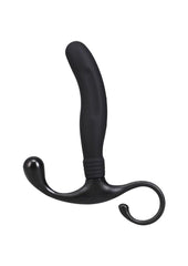 Male pleasure massager with ring handle for safe removal
