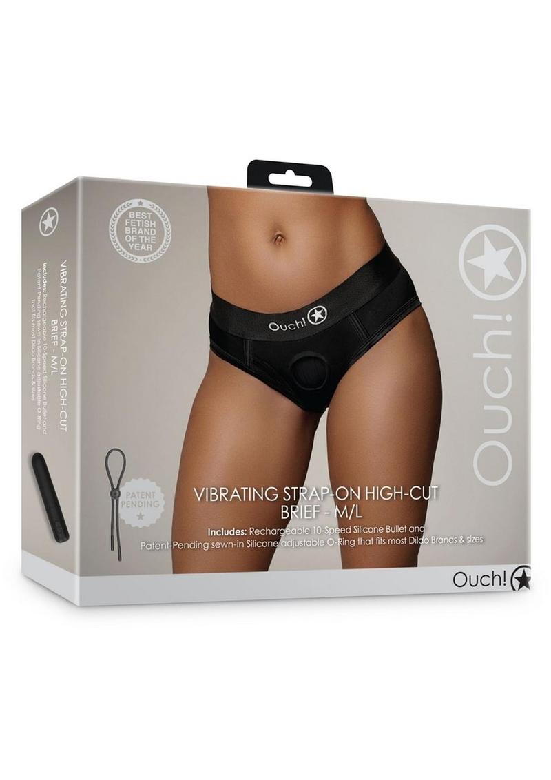 Ouch! Vibrating Strap-On High-Cut Brief Rechargeable - Black - Large/Medium