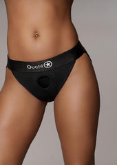 Ouch! Vibrating Strap-On Panty Harness with Open Back Rechargeable - Black - Large/Medium