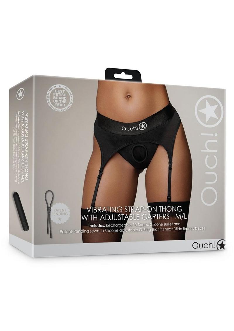 Ouch! Vibrating Strap-On Thong with Adjustable Garters Rechargeable - Black - Large/Medium