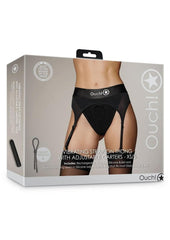 Ouch! Vibrating Strap-On Thong with Adjustable Garters Rechargeable - Black - Small/XSmall