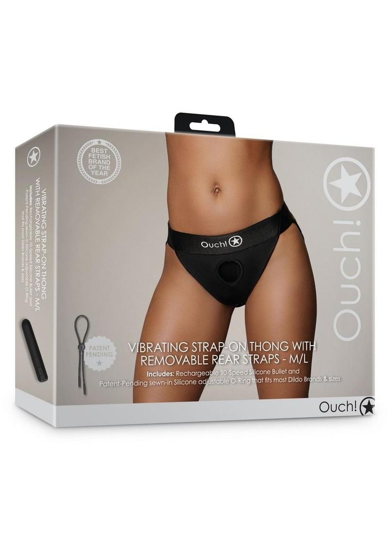 Ouch! Vibrating Strap-On Thong with Removable Butt Straps Rechargeable - Black - Large/Medium