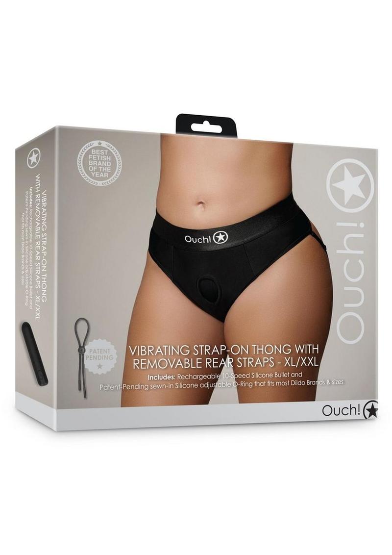 Ouch! Vibrating Strap-On Thong with Removable Butt Straps Rechargeable - Black - XLarge/XXLarge