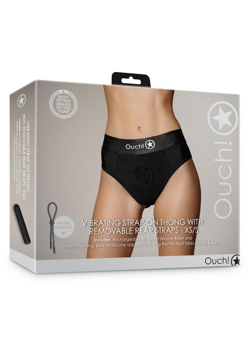 Ouch! Vibrating Strap-On Thong with Removable Butt Straps Rechargeable - Black - Small/XSmall