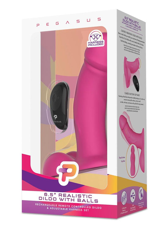 Pegasus Realistic Silicone Rechargeable Dildo with Balls with Remote Control and Adjustable Harness - Pink - 6.5in - Set