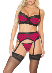 Pink Pussycat Plaid Bra, Garter Belt and G-String - Black/Pink - Large