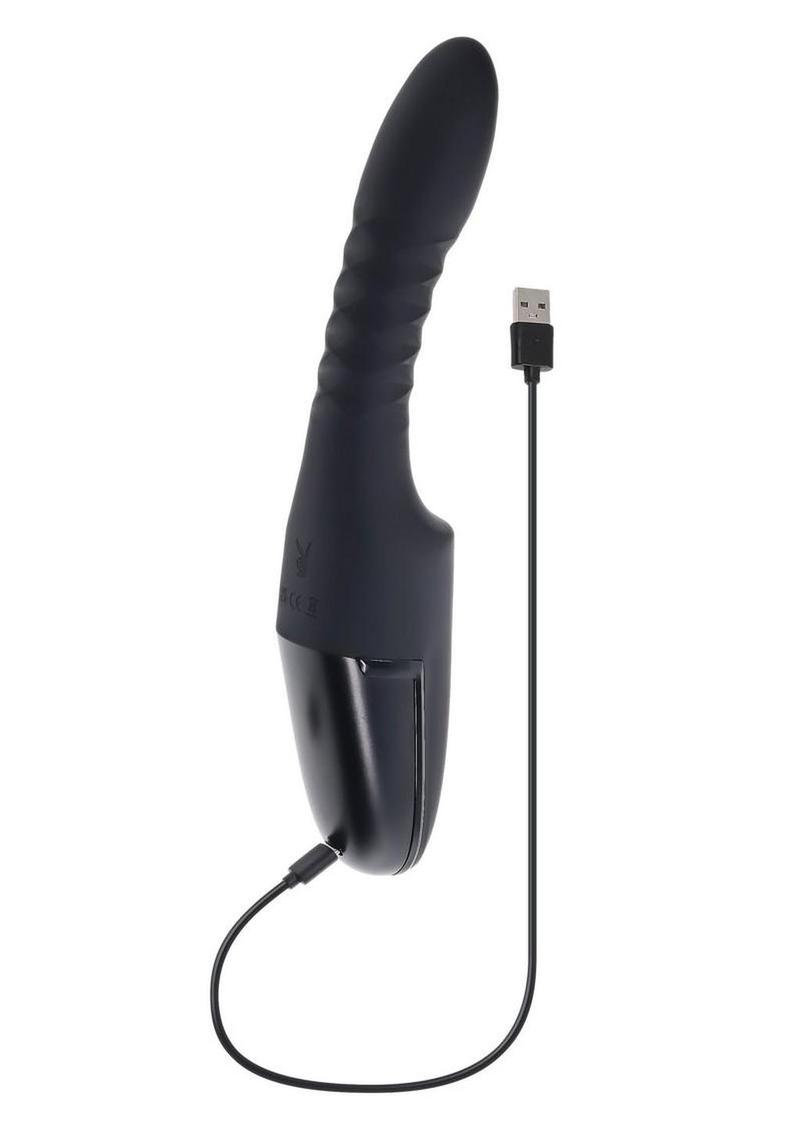 powerful playboy vibrator featuring warming motor and flexible thrusting motion