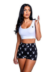 Cozy women’s sleepwear outfit styled with bunny print shorts and cropped tank top for sexy loungewear- 2 Piece/Set