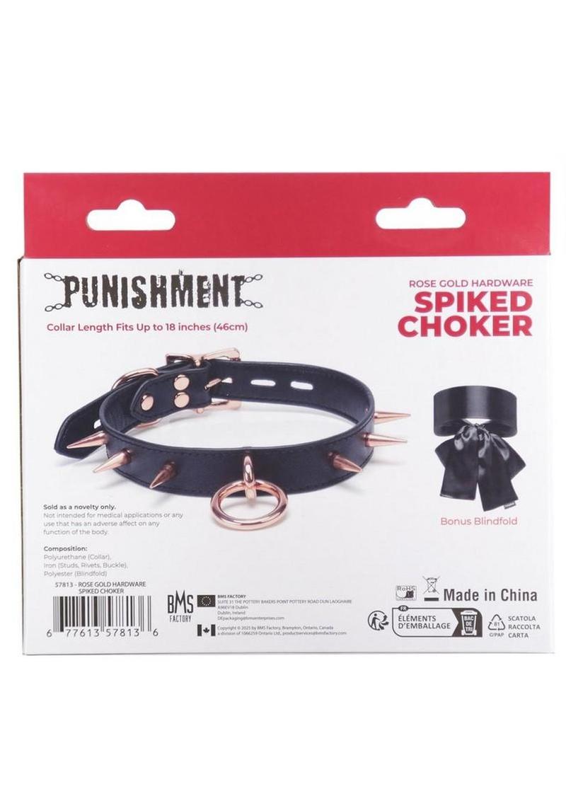 black collar with rose gold spikes and o ring designed for bondage play and fetish accessories