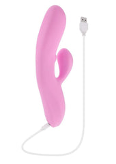 Curved G spot vibrator with thrusting bud and clitoral stimulator