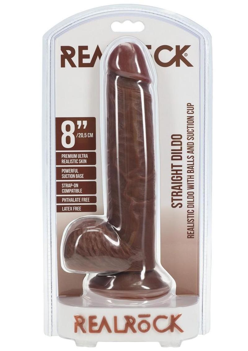 Realrock Realistic Skin Straight Realistic Dildo with Balls and Suction Cup - Chocolate - 8in