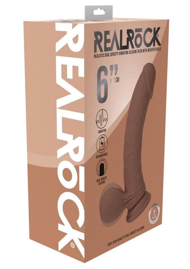 Realrock Rechargeable Silicone Dual Layered Vibrating Curved Dildo with Weighted Balls - Caramel - 6in