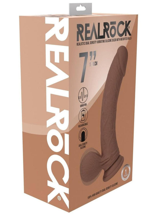 Realrock Rechargeable Silicone Dual Layered Vibrating Curved Dildo with Weighted Balls - Caramel - 7in