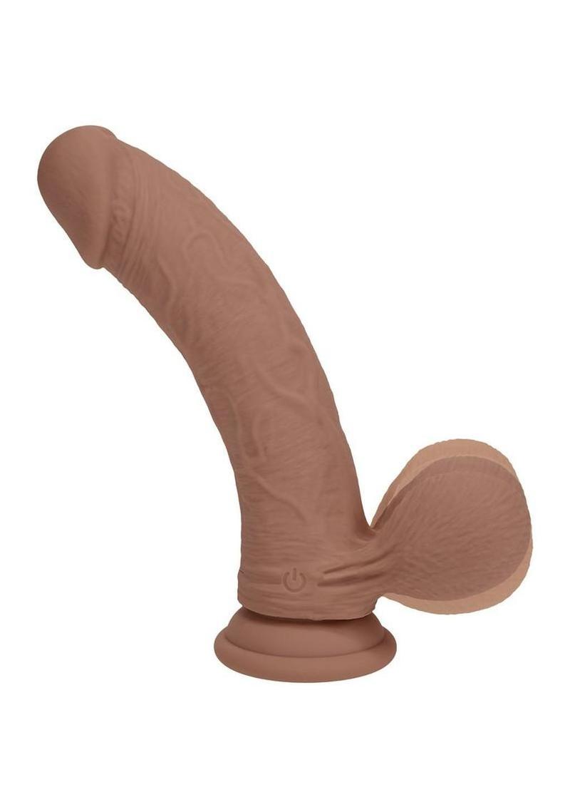 Realrock Rechargeable Silicone Dual Layered Vibrating Curved Dildo with Weighted Balls - Caramel - 8in