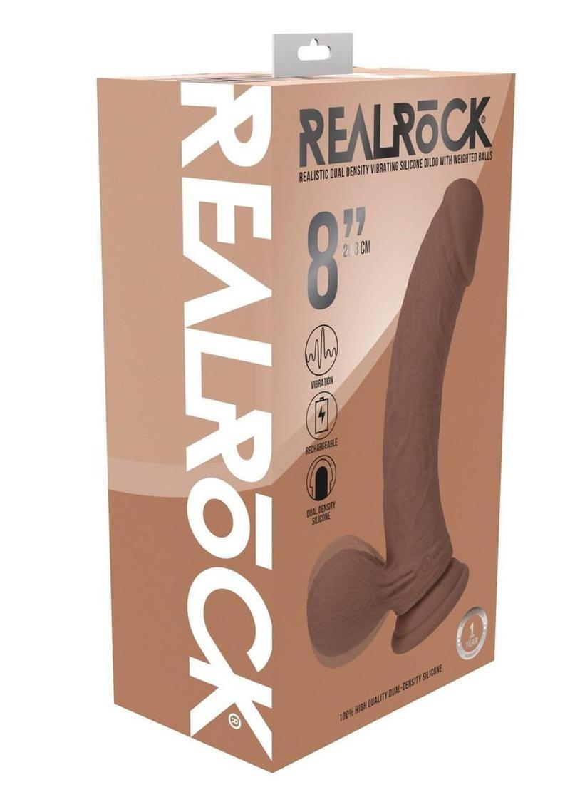 Realrock Rechargeable Silicone Dual Layered Vibrating Curved Dildo with Weighted Balls - Caramel - 8in