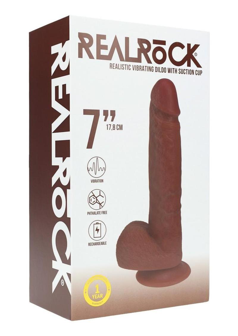 Realrock Ultra Realistic Skin Vibrating Rechargeable Straight Dildo with Balls - Chocolate - 7in