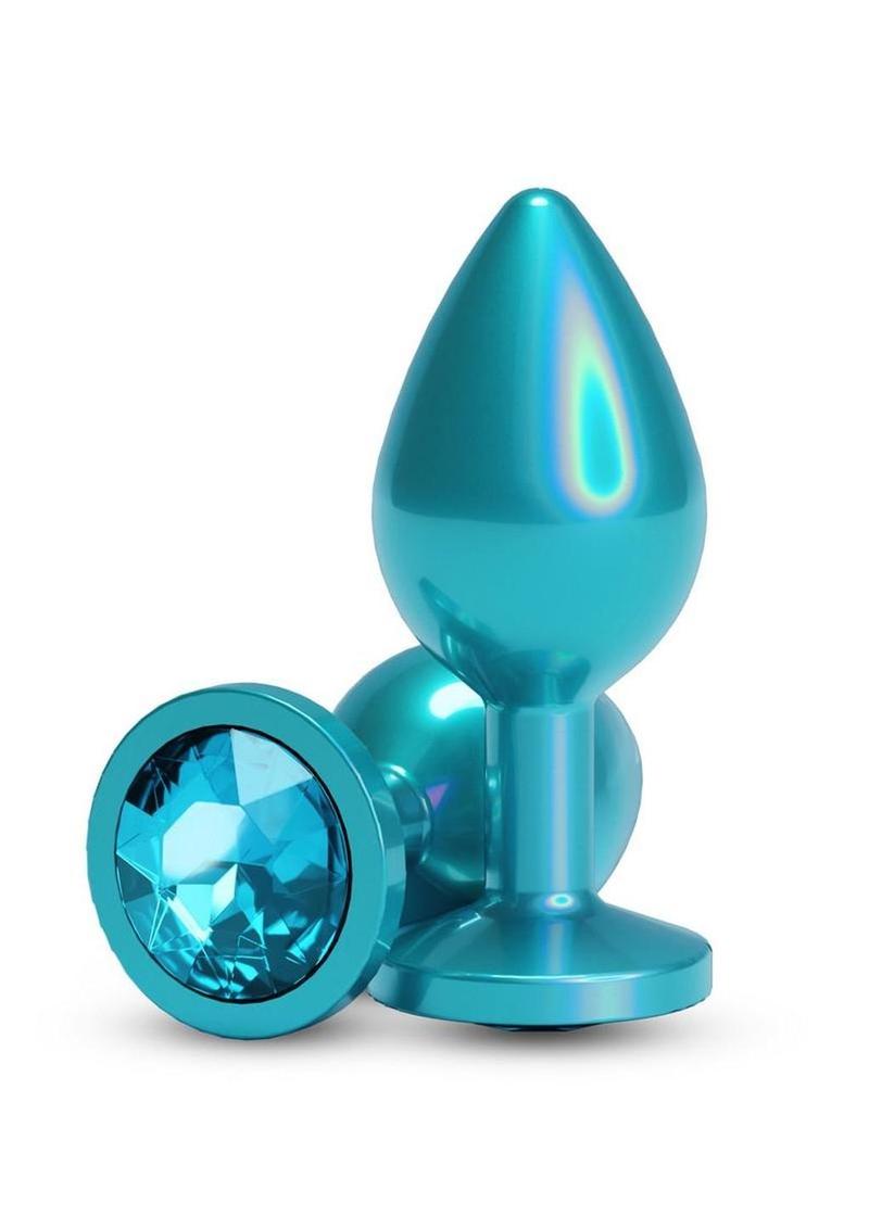 Rear Assets Chrome Anal Plug - Teal Close-up of chrome-plated anal plug with tapered shape for beginners and advanced users- Medium