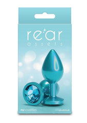 Rear Assets Chrome Anal Plug - Teal - Medium Iridescent aluminum anal plug photographed with reflective shine for fetish enthusiasts