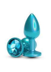 Rear Assets Chrome Anal Plug - Body safe aluminum anal plug shimmering under soft light for erotic bedroom play Teal - Small