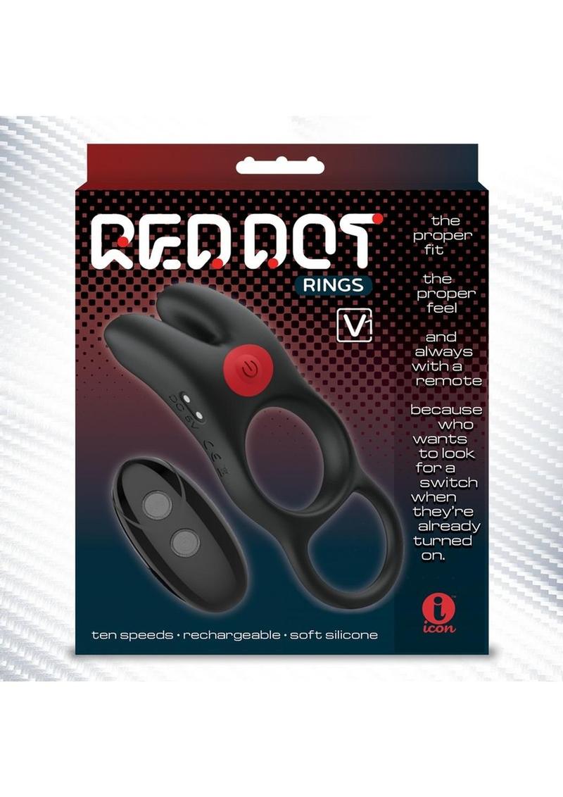 Red Dot Silicone Rechargeable Vibrating Cock Ring V1 with Remote Control - Black/Red