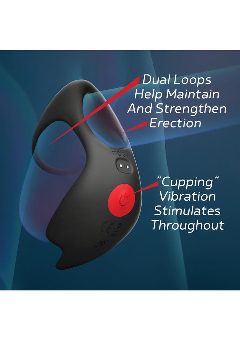 Red Dot Silicone Rechargeable Vibrating Cock Ring with Controller V3 - Black/Red