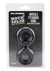 Rock Solid Silicone Double Stamina Cock Ring with Metal Beads - Black