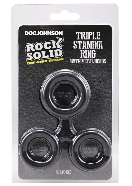 Rock Solid Silicone Triple Stamina Cock Ring with Metal Beads - Black