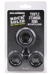 Rock Solid Silicone Triple Stamina Cock Ring with Metal Beads - Black