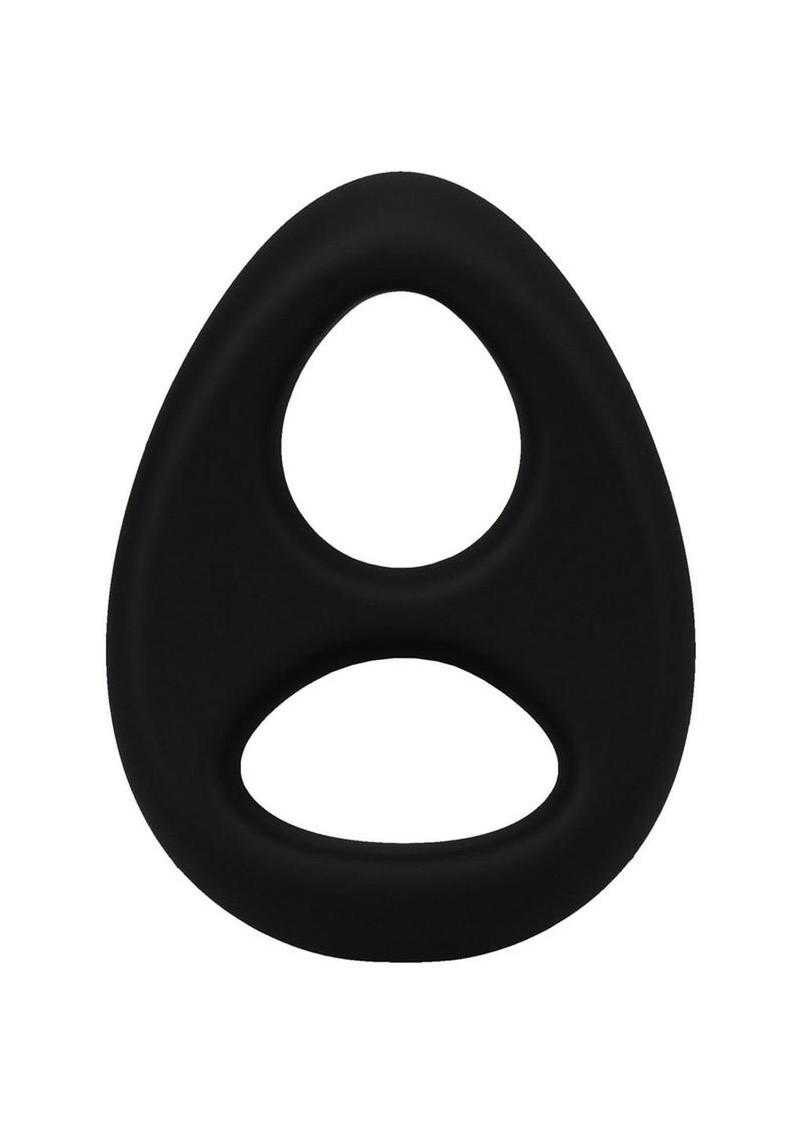 Black silicone ring with two circular openings on a white background