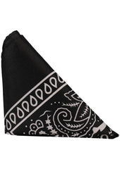 Black bandana with white paisley pattern on a white background