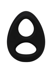 Black silicone ring with two circular openings on a white background