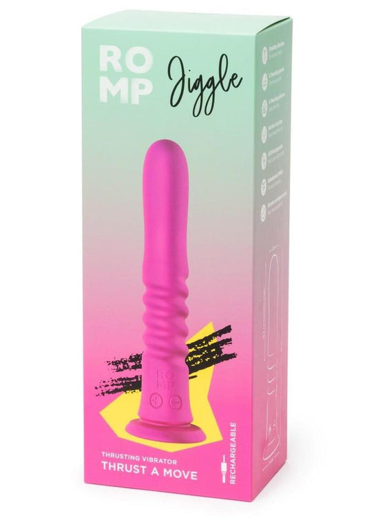 Romp Jiggle Rechargeable Silicone Thrusting Vibrating Dildo with Suction Cup - Pink