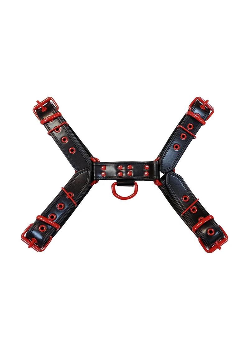 Rouge Leather Over The Head Harness Black with Red Accessories - Black/Red - XLarge