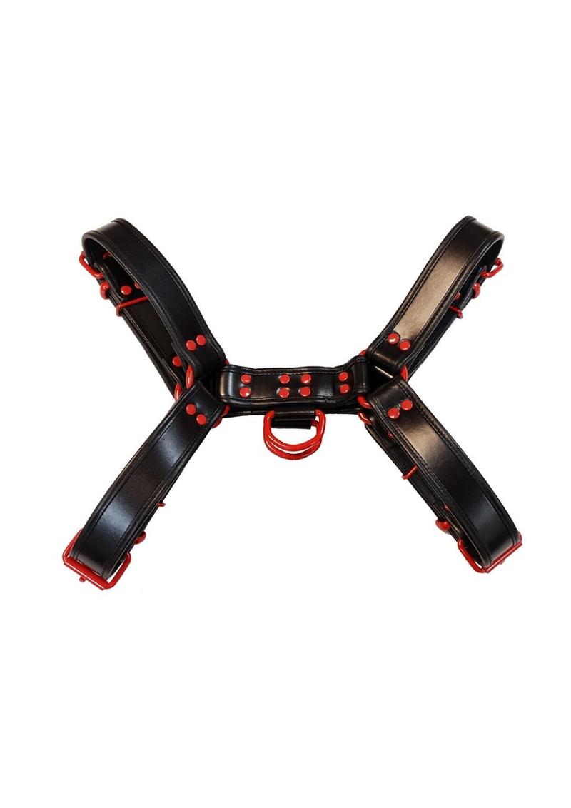 Rouge Leather Over The Head Harness Black with Red Accessories - Black/Red - Small
