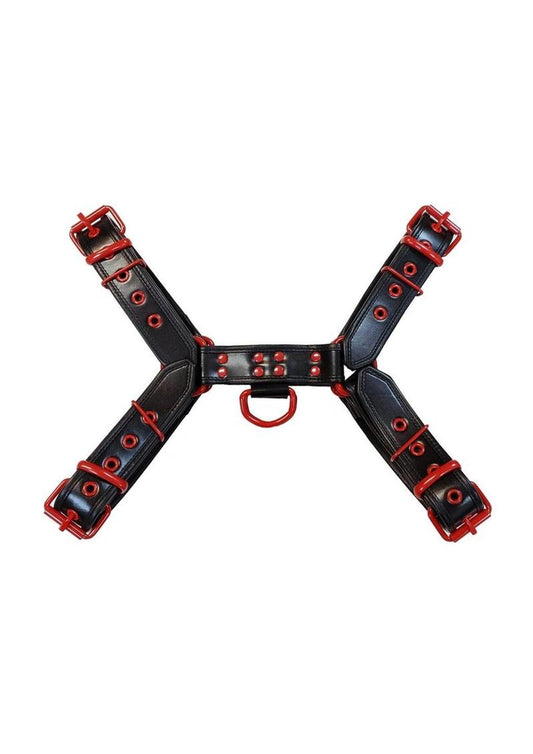 Rouge Leather Over The Head Harness Black with Red Accessories - Black/Red - XXLarge