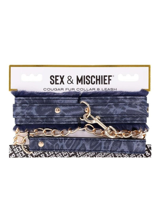 Sex and Mischief Cougar Fur Collar Andamp; Leash - Blue/Gold/Navy