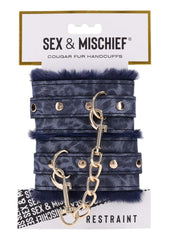 Sex and Mischief Cougar Fur Handcuffs - Blue/Gold/Navy