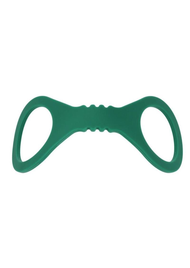stretch fit silicone cuffs in emerald green for secure gentle bondage sessions offering comfortable restraint and kink play