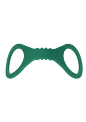 stretch fit silicone cuffs in emerald green for secure gentle bondage sessions offering comfortable restraint and kink play