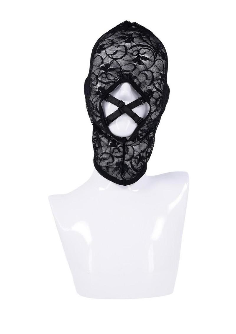 Black lace BDSm or Bondage hood on a white mannequin 