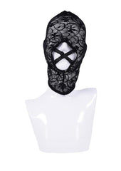 Black lace BDSm or Bondage hood on a white mannequin 