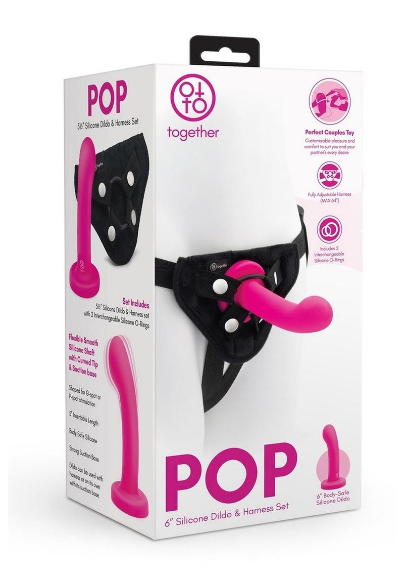 Together Toys Pop Silicone Dildo 5.5in and Harness - Black/Pink - Set