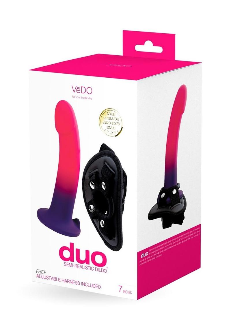 Vedo Duo Silicone Dildo with Harness - Pink/Purple