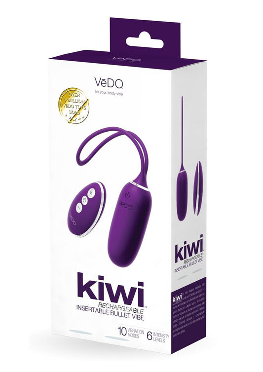 Vedo Kiwi Rechargeable Silicone Insertable Bullet Vibrator with Remote Control - Deep Purple/Purple
