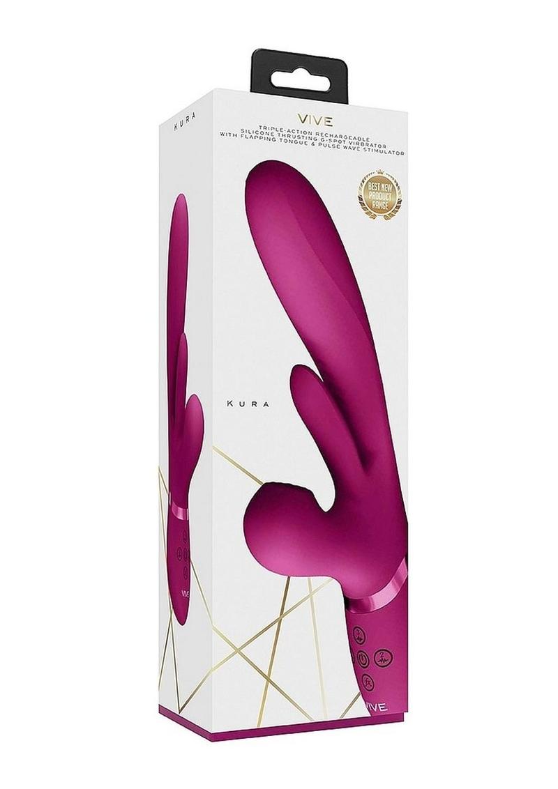 Vive Kura Rechargeable Silicone Triple Motor Thrusting G-Spot with Flapper and Air Wave Clit Stimulation Vibrator - Pink