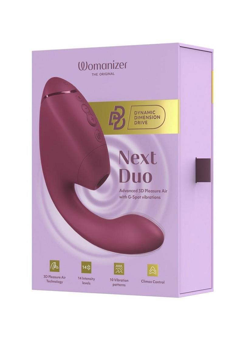 Dual silicone vibrator featuring suction and vibration for intense G-spot and clitoral stimulation and blended female pleasure