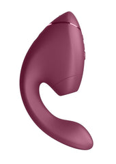 Rechargeable waterproof dual stimulator with curved G-spot tip and air pulse clitoral suction for deep satisfying sensations