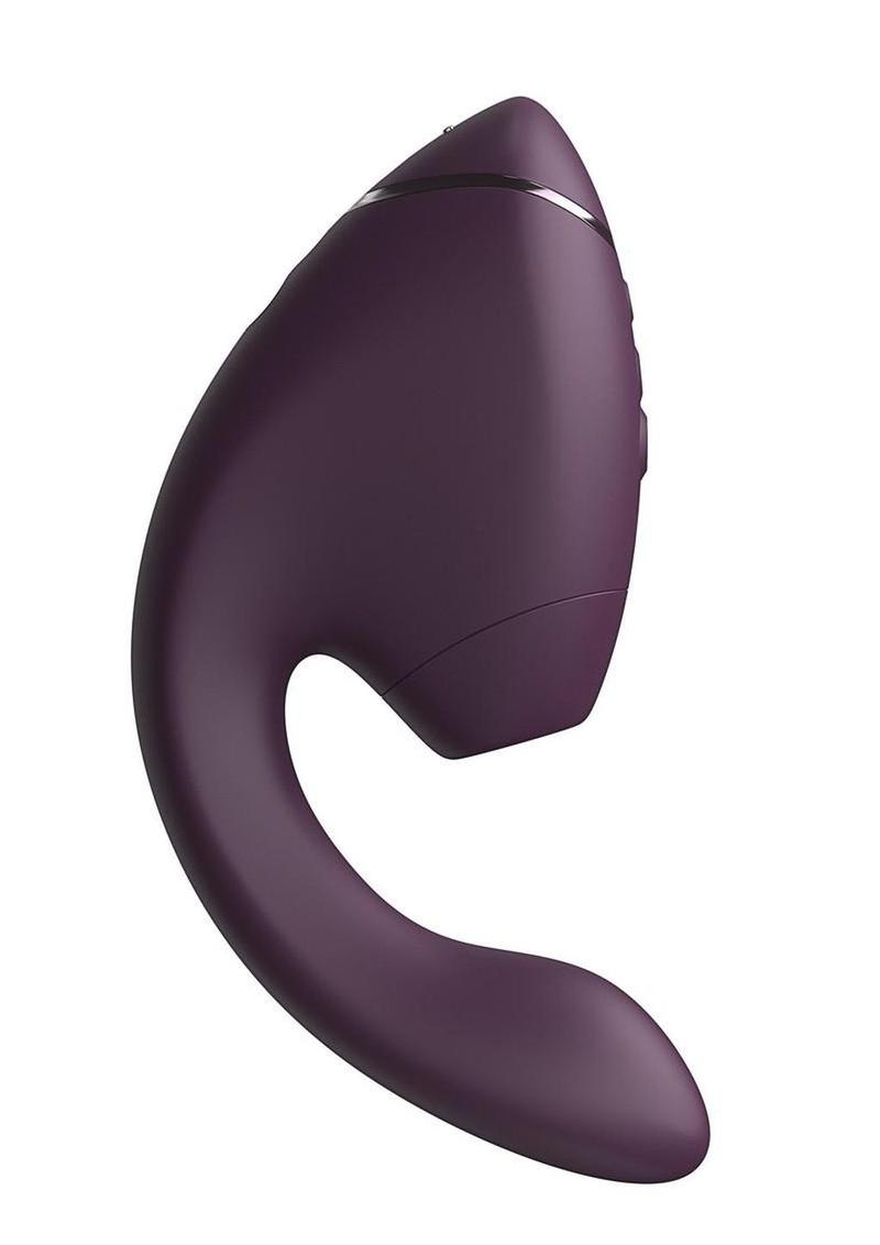 Dual action vibrator offering G-spot pressure and clitoral suction in one sleek ergonomic silicone design for ultimate pleasure