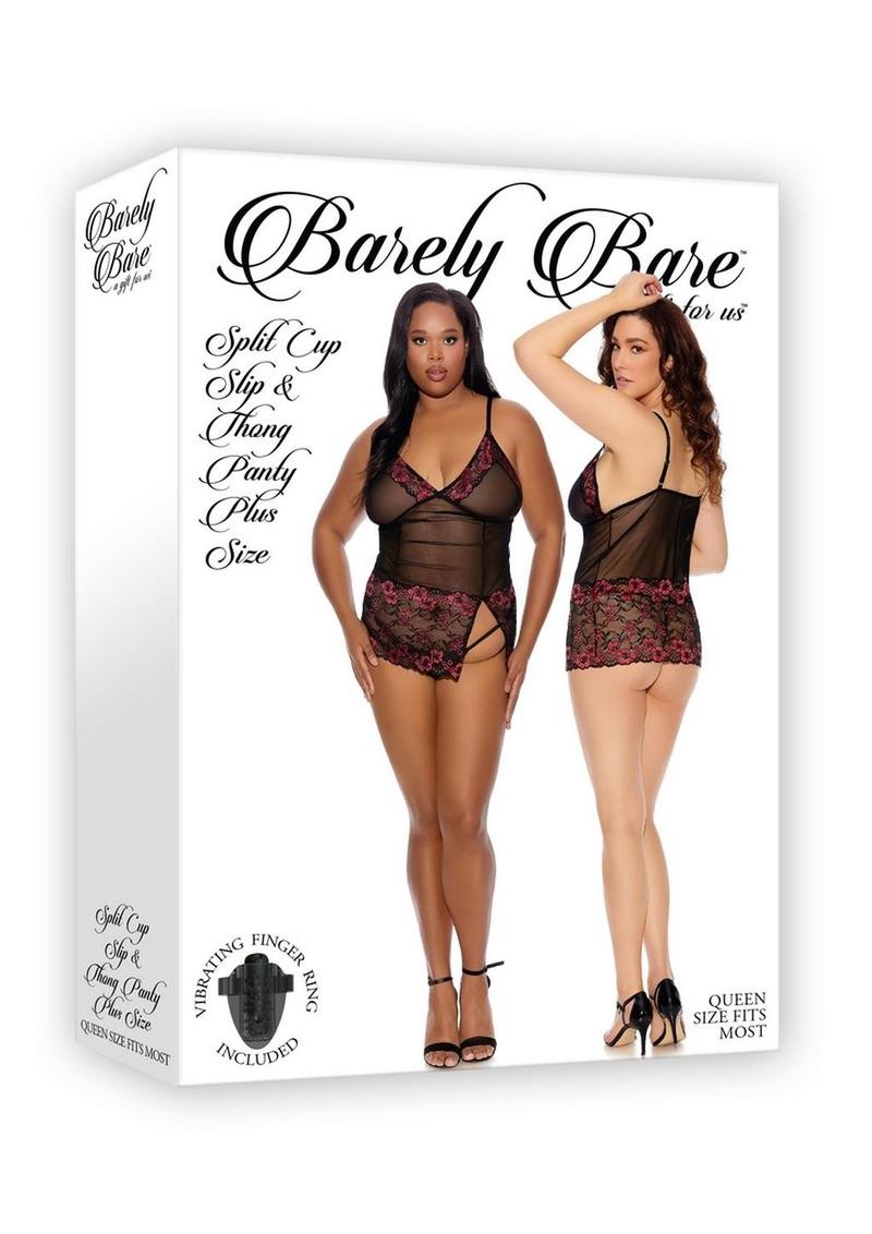 Barely Bare Split Cup Slip and Thong Panty - Black - Plus Size/Queen