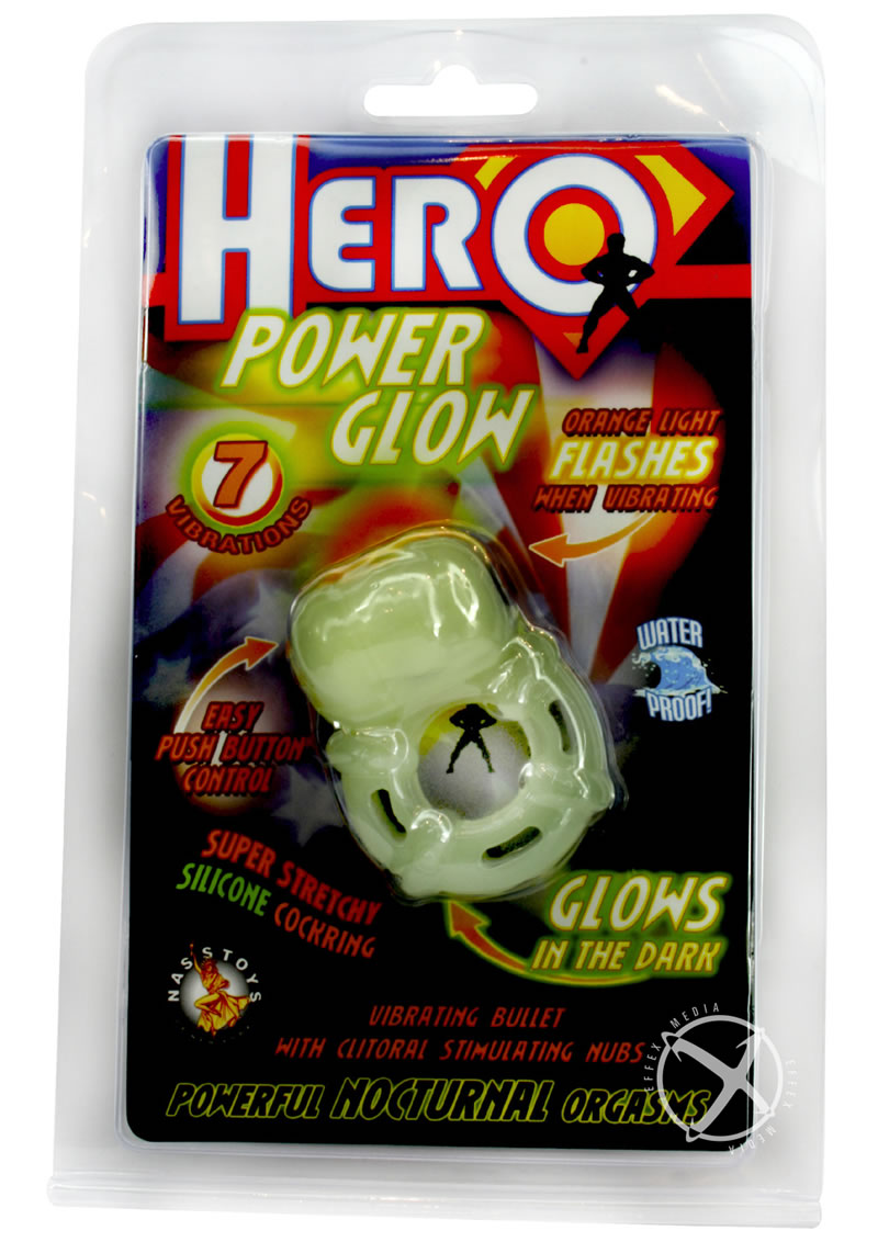 Hero Power Glow Glow In The Dark Vibrating Silicone Cock Ring - Glow - Glow In The Dark/Green